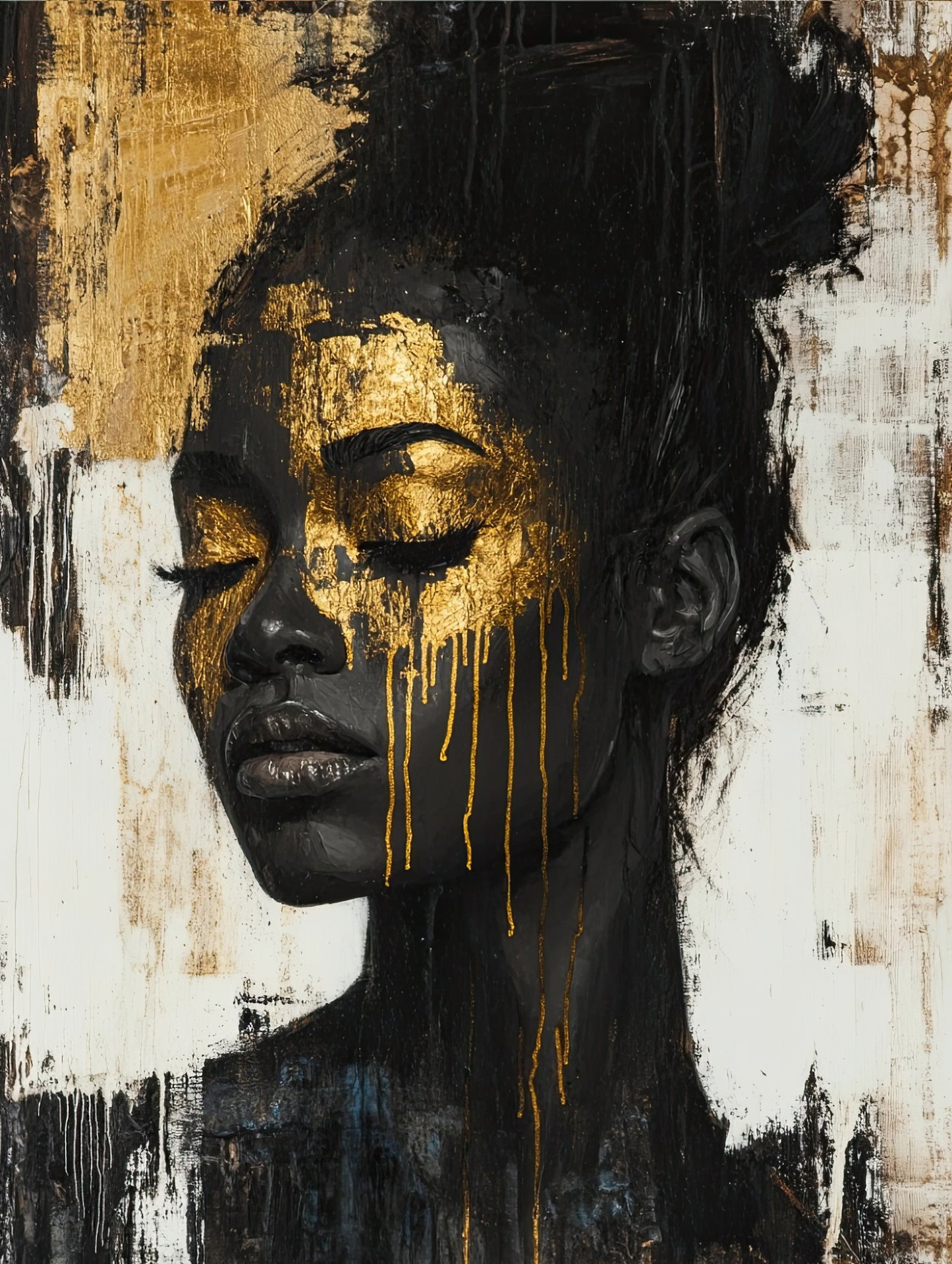 Portret van vrouw met goud op gezicht tegen ruwe zwarte en witte achtergrond, modern en krachtig
