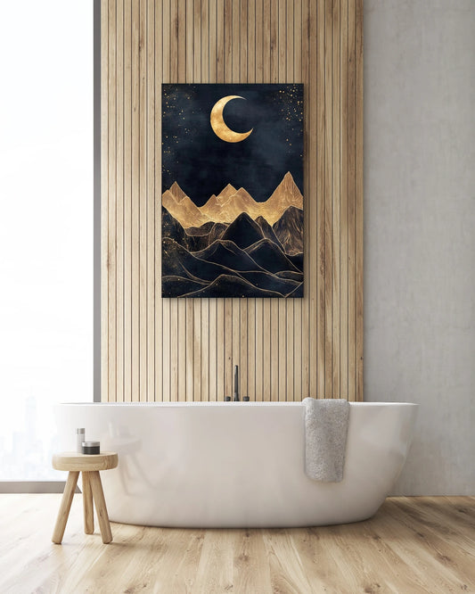Textielkunstwerk met gouden maan en bergen op donkere achtergrond, hangend boven een vrijstaand bad in een lichte badkamer
