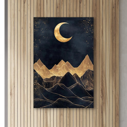 Detail van kunstwerk met gouden berglijnen en maan onder een hemel vol subtiele sterren
