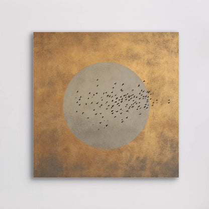 Detail van kunstwerk Goudvlucht met vogels tegen een gouden achtergrond.
