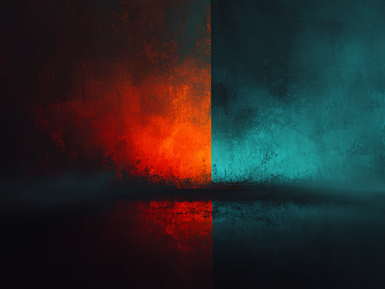 Volledige weergave van abstract schilderij Grenzen van Water en Vuur met balans tussen warm en koel licht
