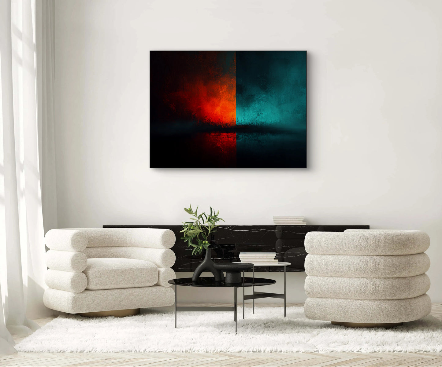 Abstract schilderij Grenzen van Water en Vuur met contrasterende tinten rood en blauw boven modern interieur
