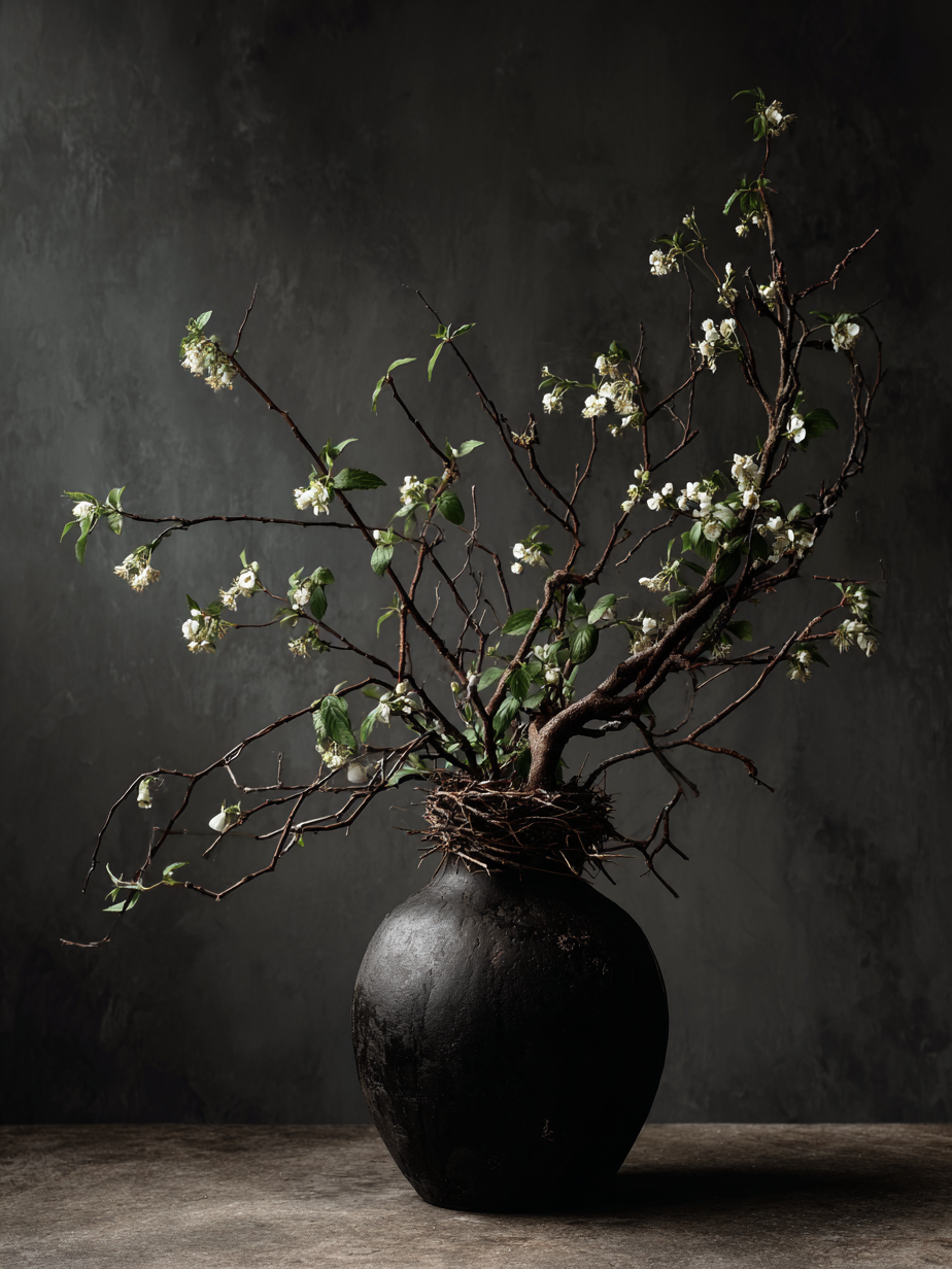 Kunstwerk Groei uit Schaduw met takken vol witte bloesem in donkere vaas tegen grijze achtergrond.
