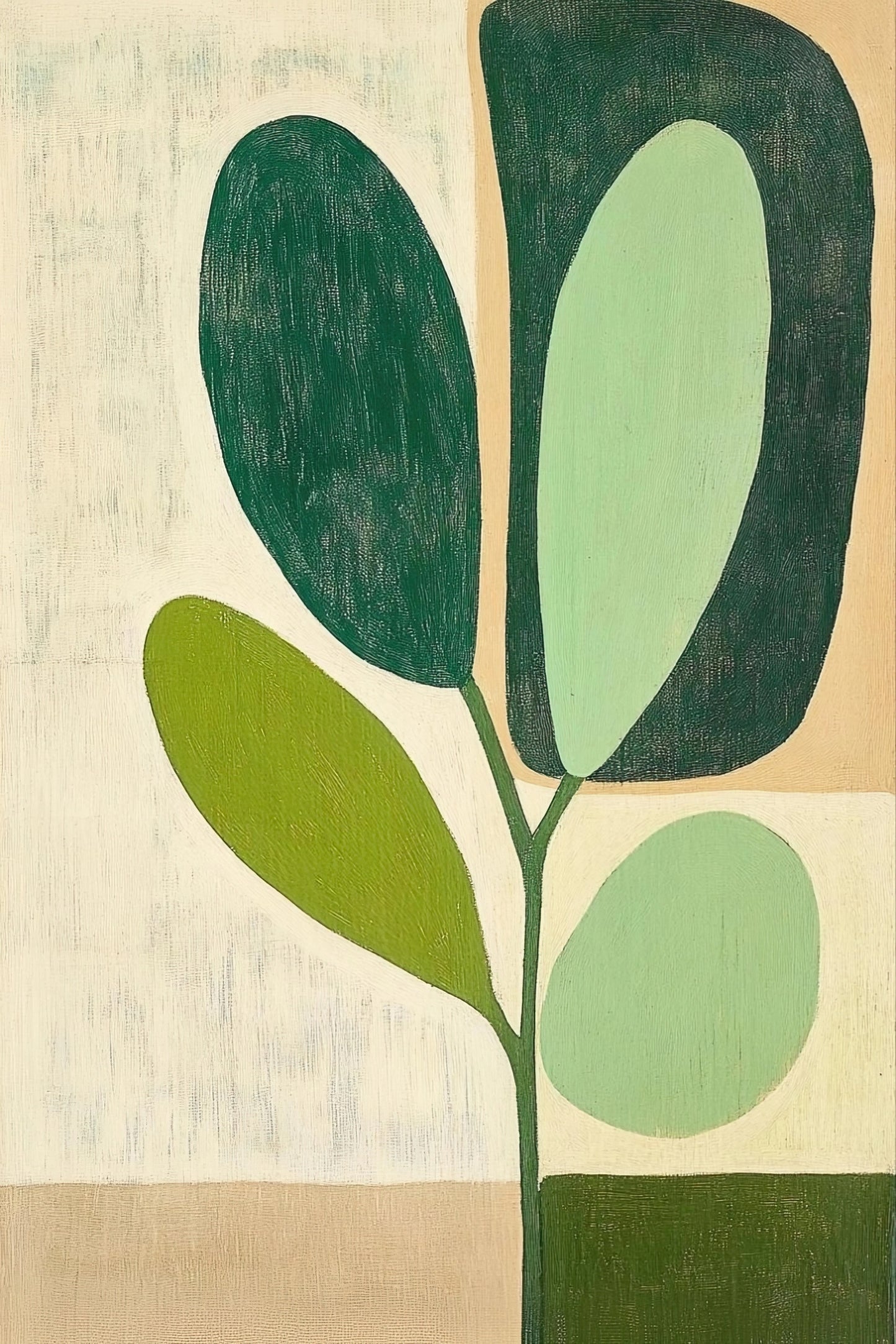 Volledige afbeelding van moderne muurkunst met grafische bladstructuur in zachte groentonen
