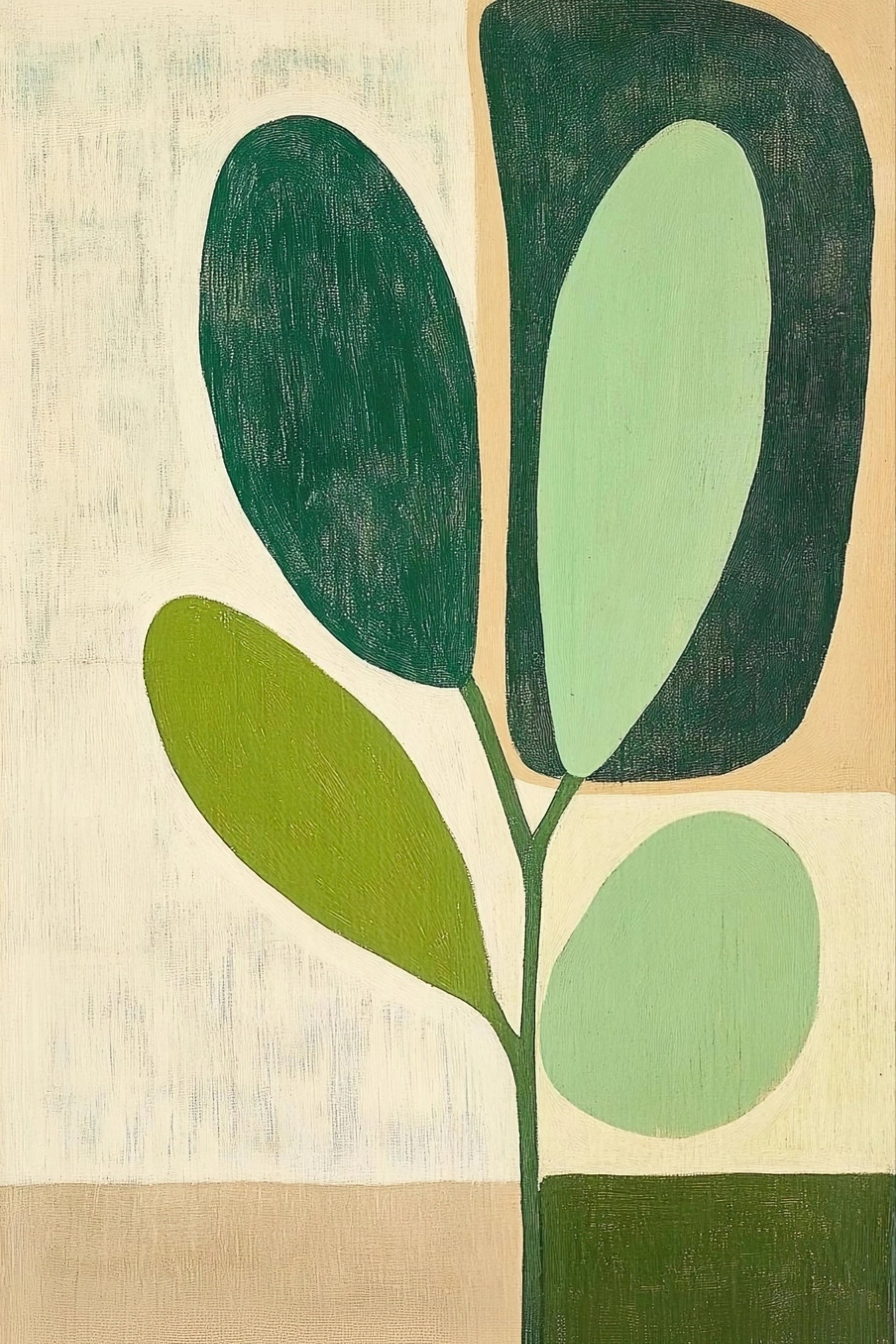 Volledige afbeelding van moderne muurkunst met grafische bladstructuur in zachte groentonen
