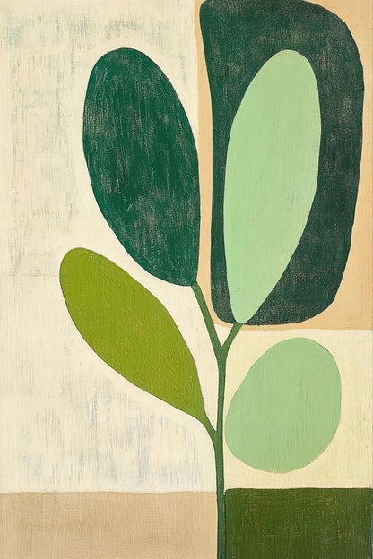 Volledige afbeelding van moderne muurkunst met grafische bladstructuur in zachte groentonen

