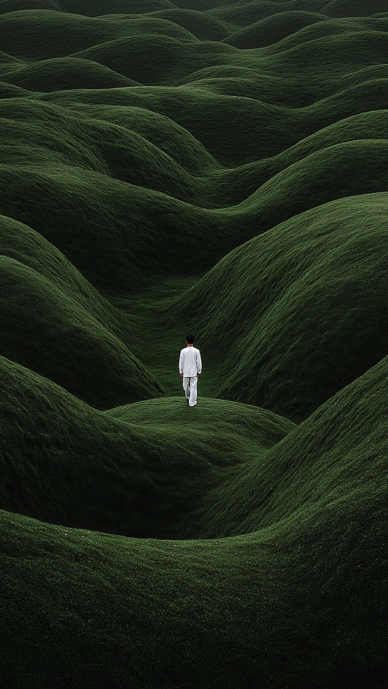 Minimalistisch wandkunstwerk met mensfiguur in witte kleding tussen golvende groene heuvels
