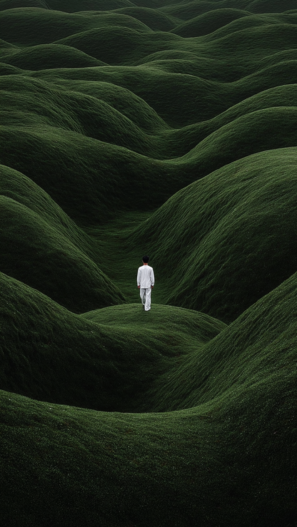 Minimalistisch wandkunstwerk met mensfiguur in witte kleding tussen golvende groene heuvels
