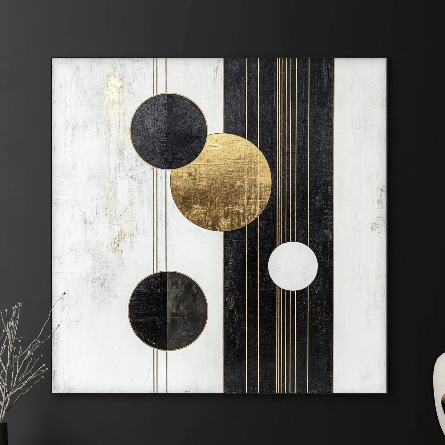 Detail van abstract kunstwerk met grafische lijnen en cirkels in goudfolie op witte en zwarte achtergrond
