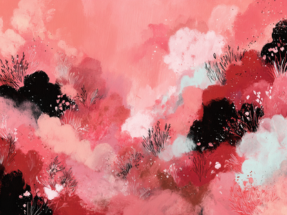 Abstract kunstwerk met levendige rode, roze en zwarte tinten die samenvloeien tot een dynamische compositie
