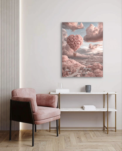 Dromerig kunstwerk met roze luchtballon van harten boven een landschap aan de muur boven een wit bureau met houten poten