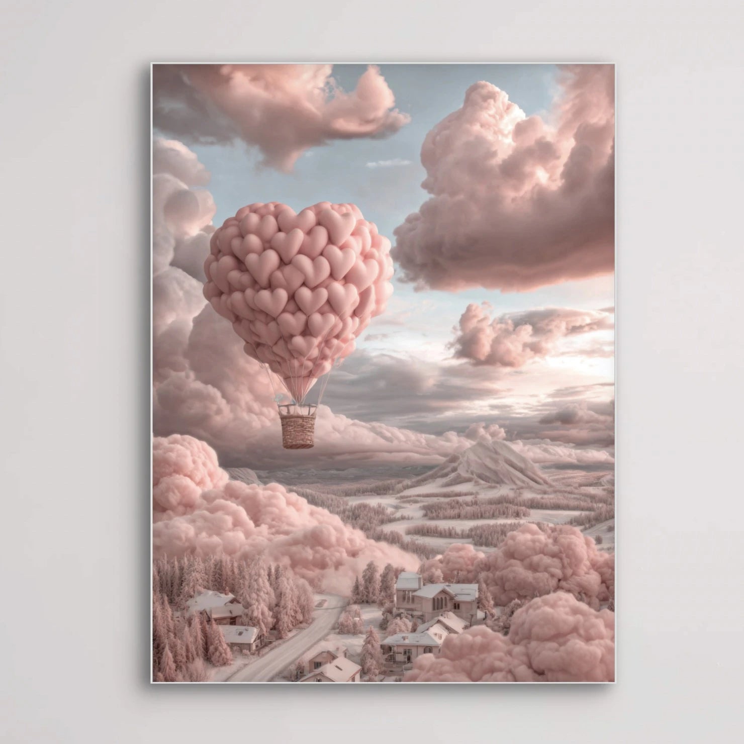 Detail van kunstwerk met roze luchtballon van harten in wolkenlucht