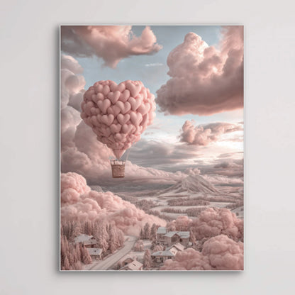 Detail van kunstwerk met roze luchtballon van harten in wolkenlucht