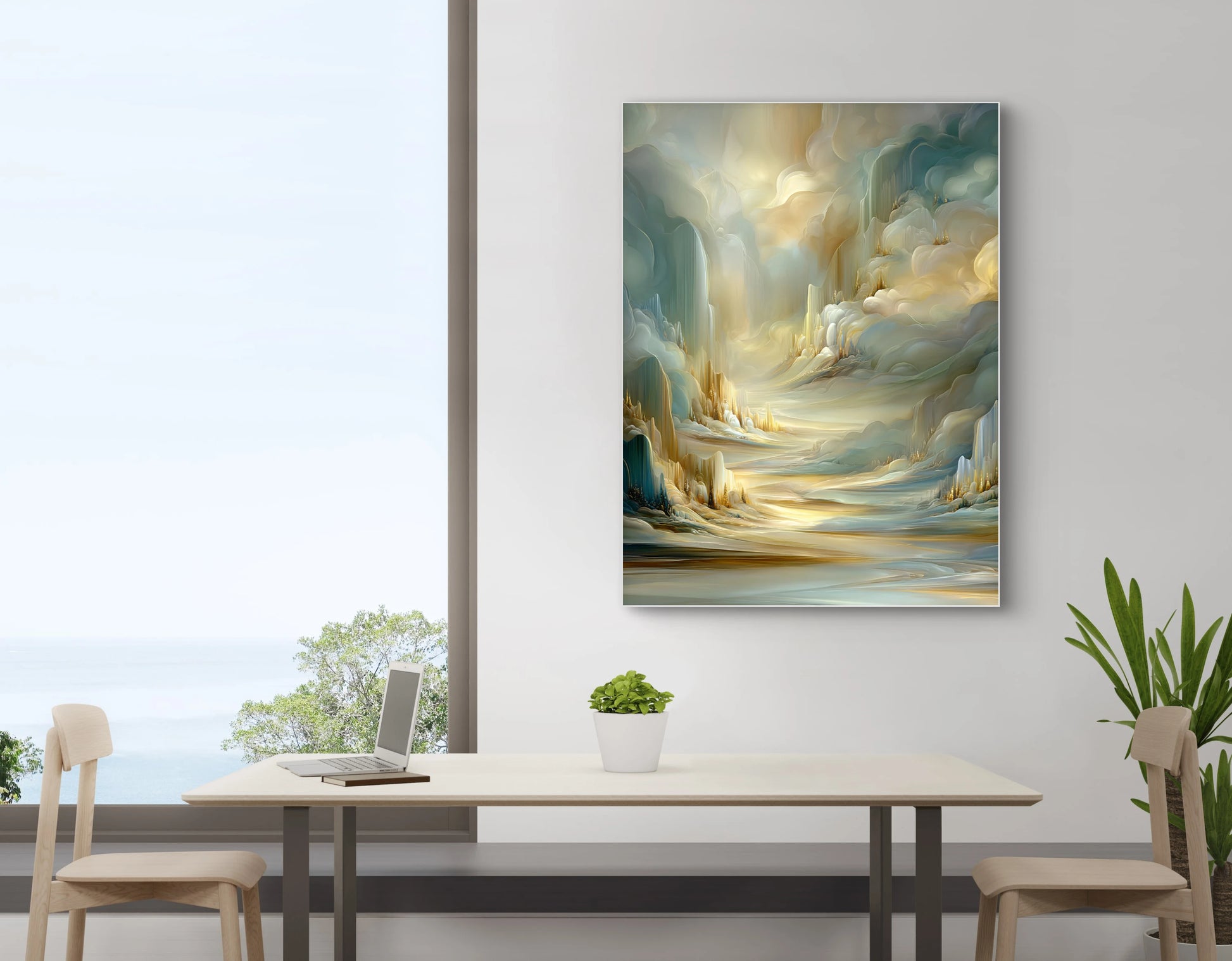 Abstract landschap Hemelvallei in zachte goud- en blauwtinten boven een minimalistische eettafel
