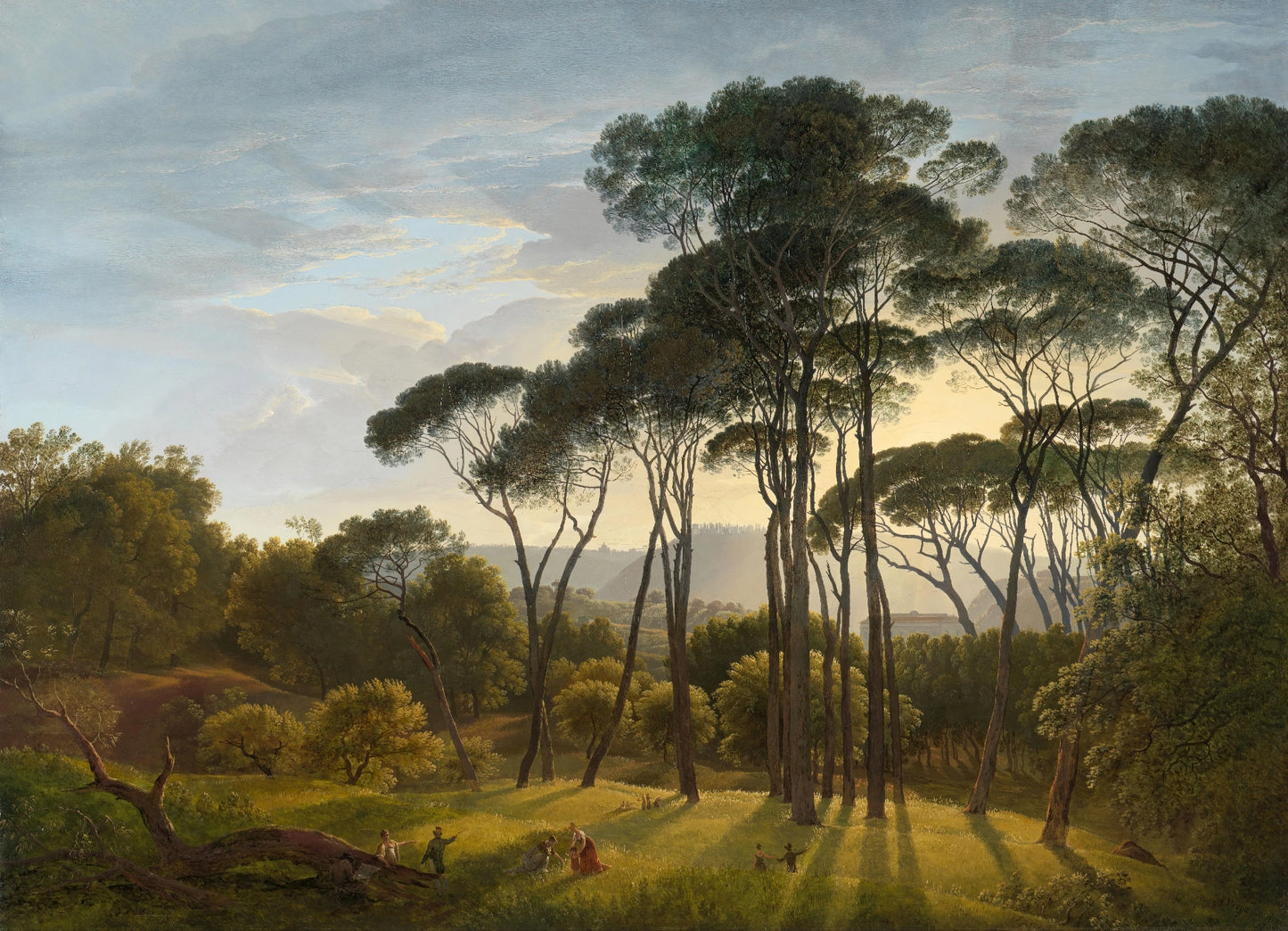 Volledige weergave van het schilderij “Italiaans landschap met parasoldennen” met glooiend landschap en bomen
