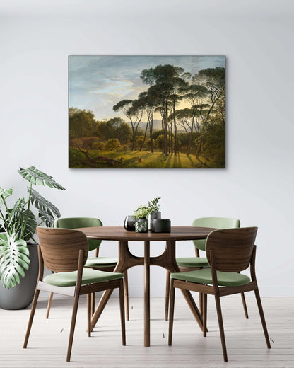 Schilderij “Italiaans landschap met parasoldennen” van Hendrik Voogd boven ronde houten eettafel met groene stoelen
