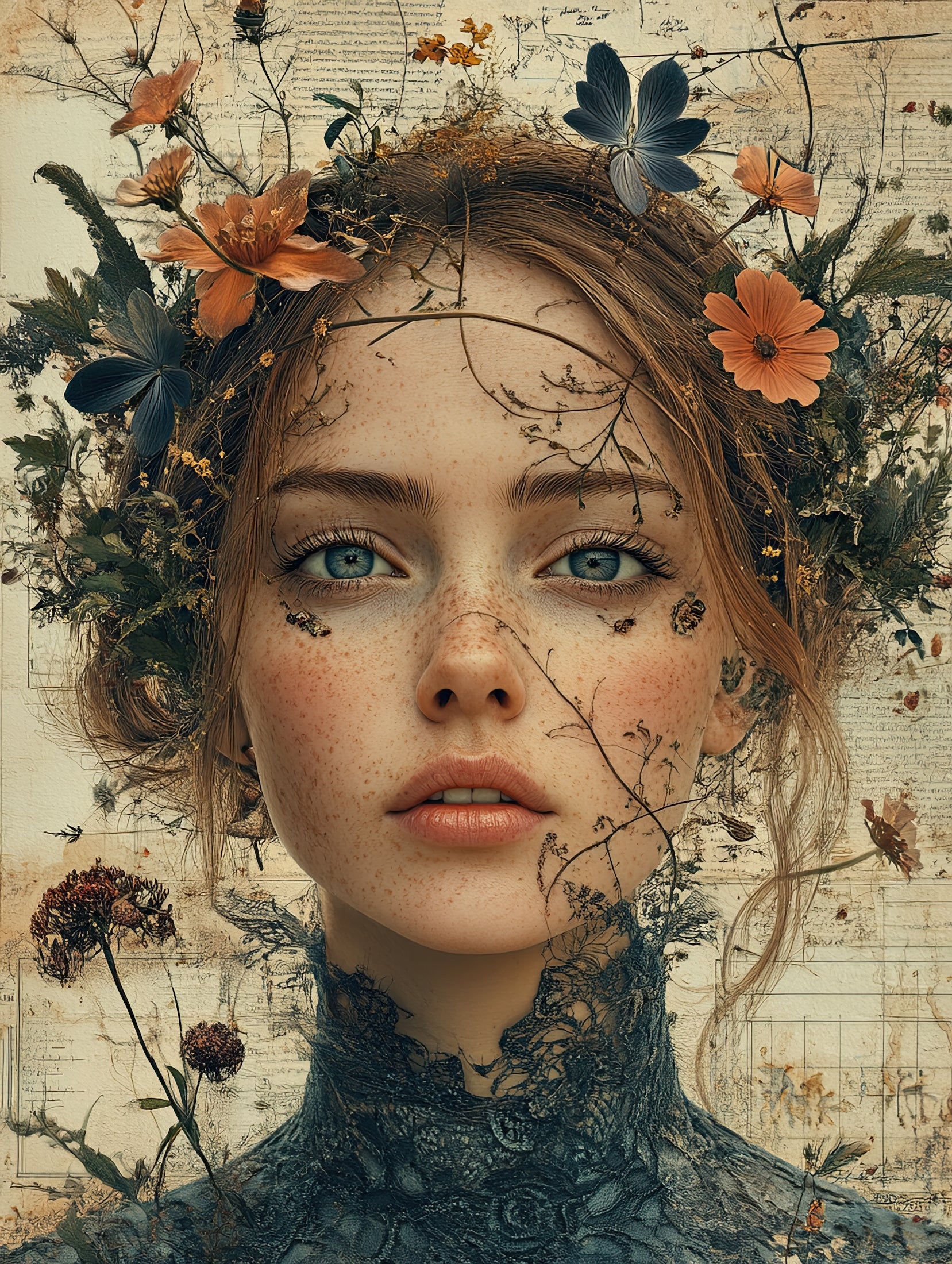 Volledige weergave van Herbarium, een portret met botanische patronen en vintage textuur  
