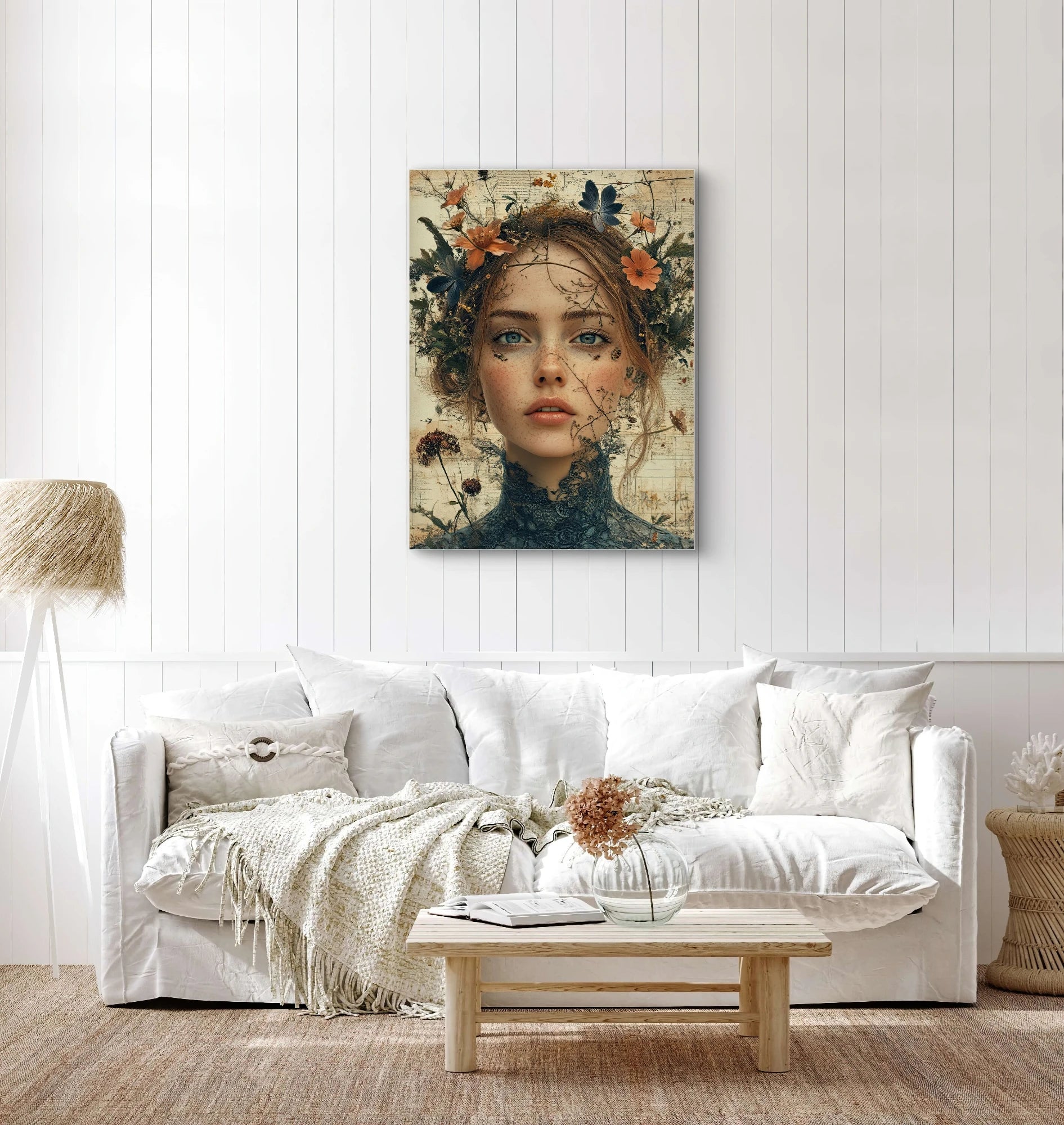 Textielkunstwerk Herbarium boven een witte bank in een rustige, natuurlijke woonkamer  
