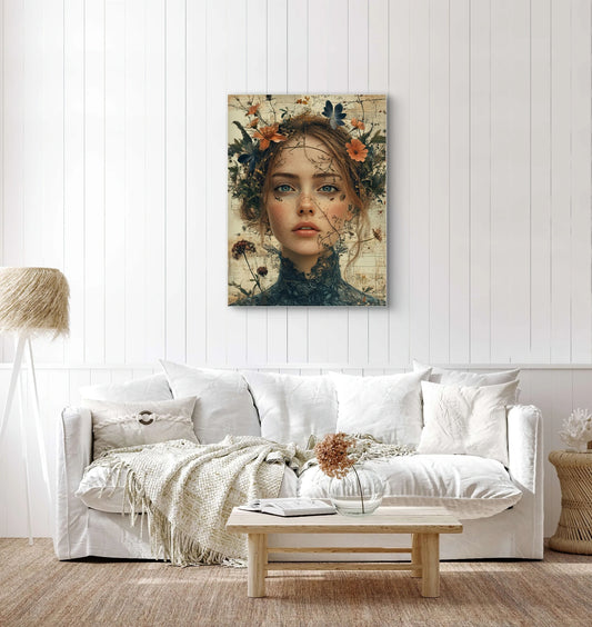 Textielkunstwerk Herbarium boven een witte bank in een rustige, natuurlijke woonkamer  
