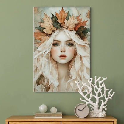 Textielkunstwerk Herfstglans boven een houten dressoir in een herfstige, natuurlijke ruimte  
