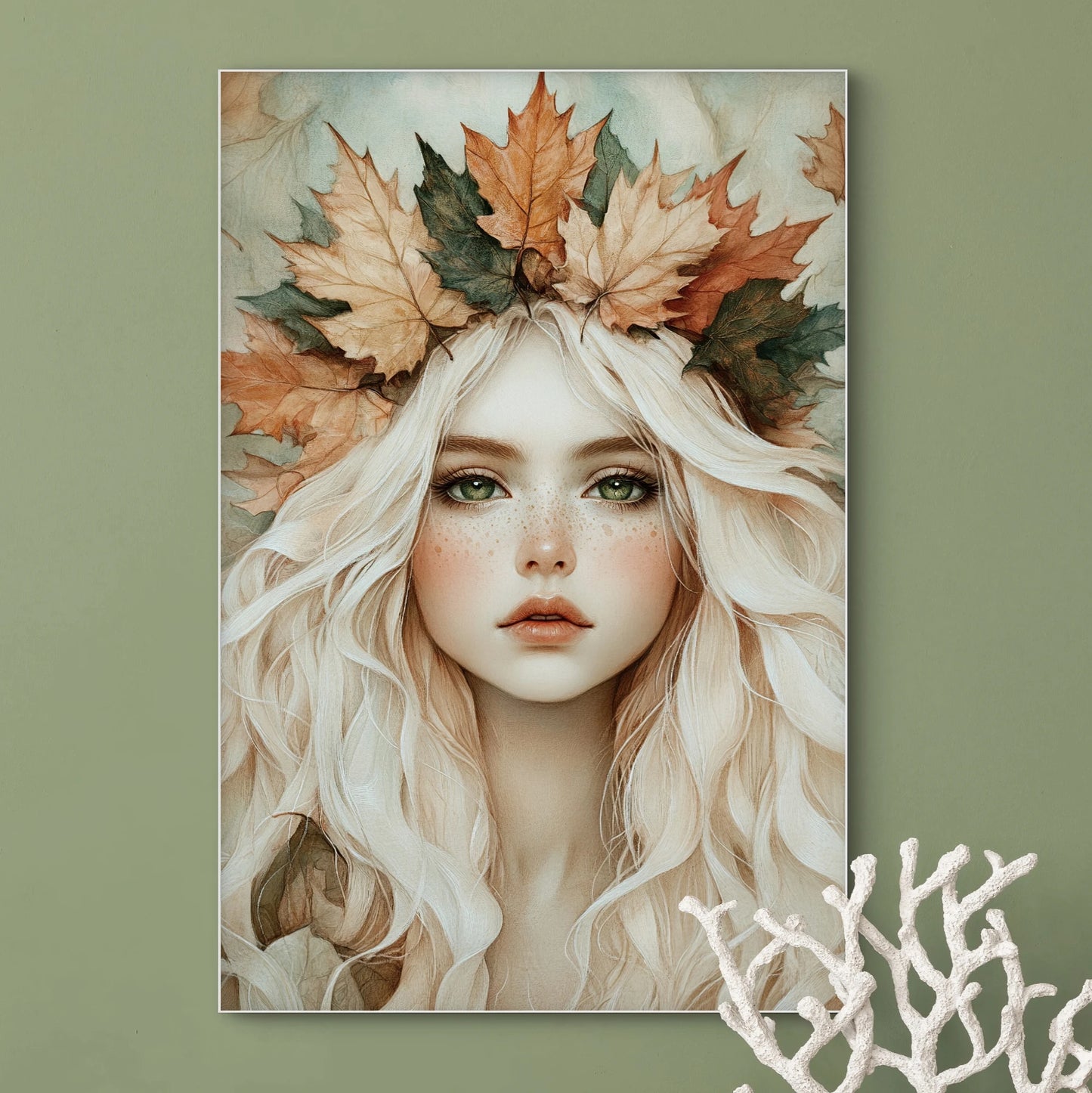 Detail van Herfstglans met vrouwengezicht, sproeten en herfstbladkroon  
