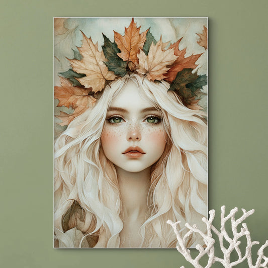 Detail van Herfstglans met vrouwengezicht, sproeten en herfstbladkroon  
