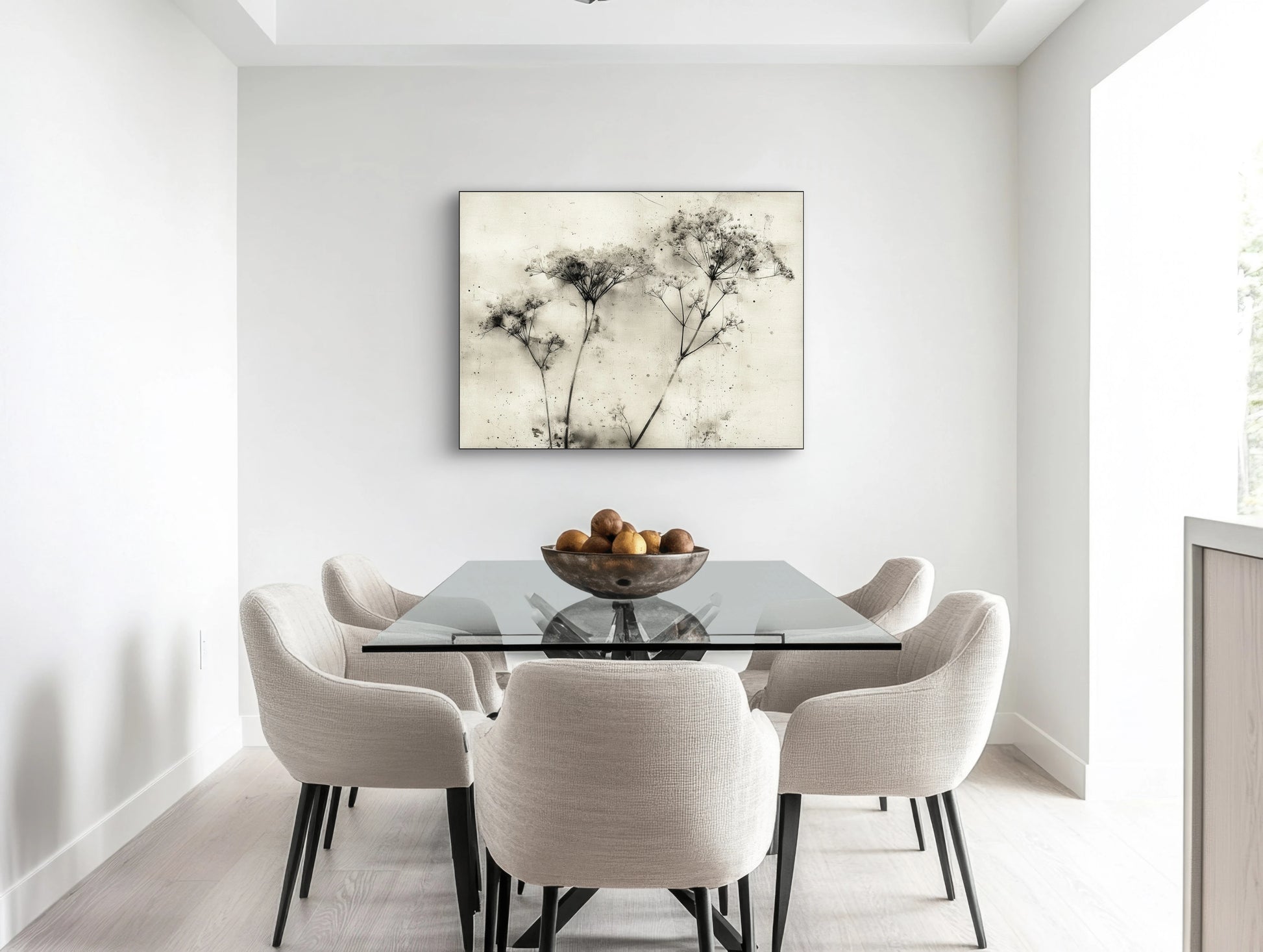 Mock-up van kunstwerk Herfstig Gebaar aan de muur boven glazen eettafel met lichte stoelen 
