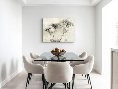 Mock-up van kunstwerk Herfstig Gebaar aan de muur boven glazen eettafel met lichte stoelen 
