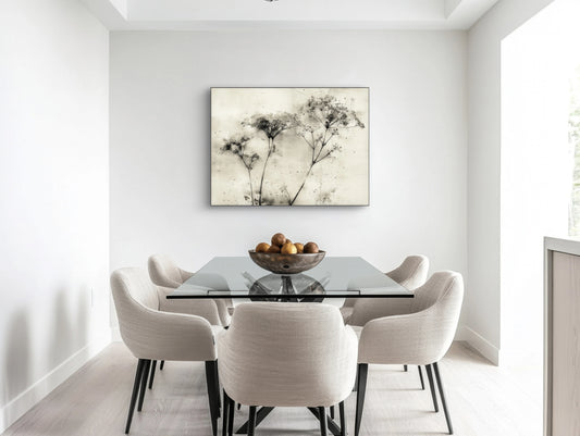 Mock-up van kunstwerk Herfstig Gebaar aan de muur boven glazen eettafel met lichte stoelen 
