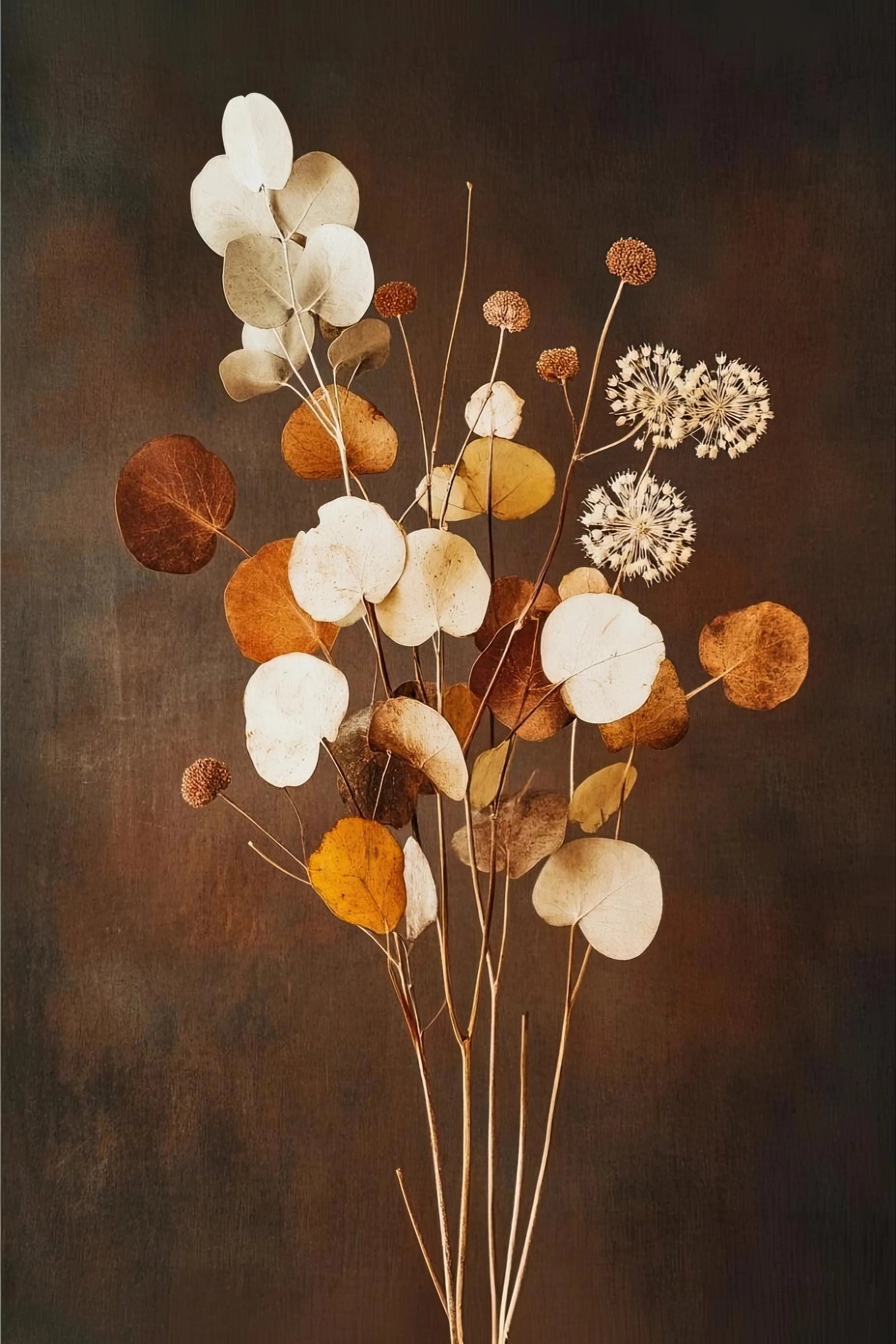 Volledige weergave van Herfstlijn met dunne takken en herfstige bloemen in bruin, koper en crème
