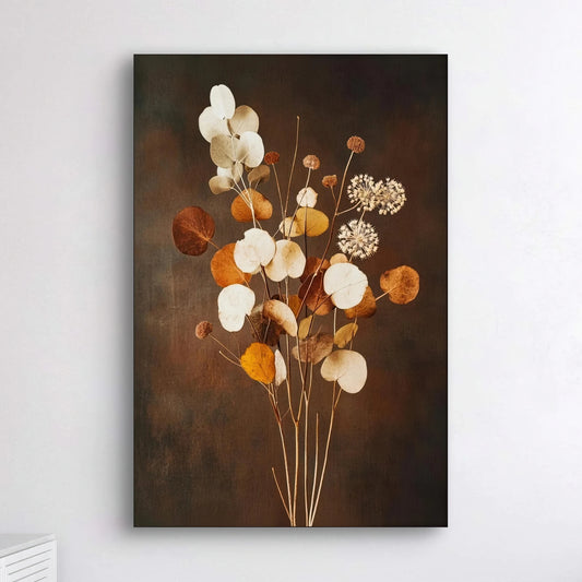 Detail van Herfstlijn met fragiele bloemen in warme aardetinten op donkere achtergrond
