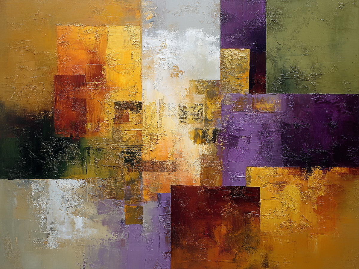 Abstracte compositie in warme tinten met gelaagde vlakken en diepte
