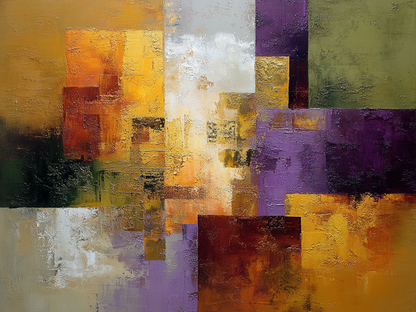 Abstracte compositie in warme tinten met gelaagde vlakken en diepte
