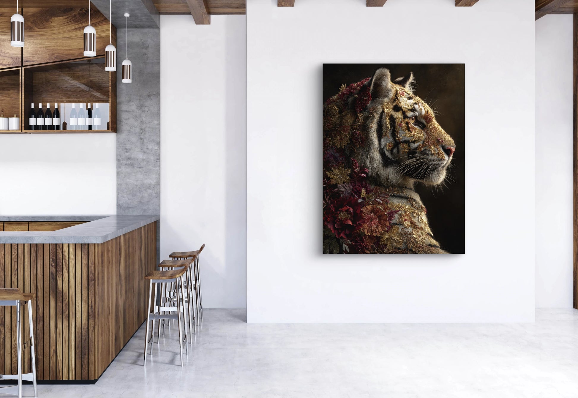 Mock-up van Herfstroem aan de muur in een moderne ruimte met bar en krukken  
