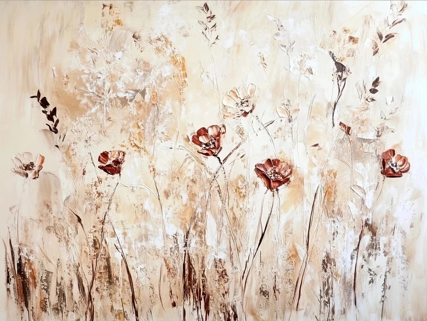 Kunstwerk met abstracte herfstbloemen in rood, beige en wit met zachte penseeltextuur
