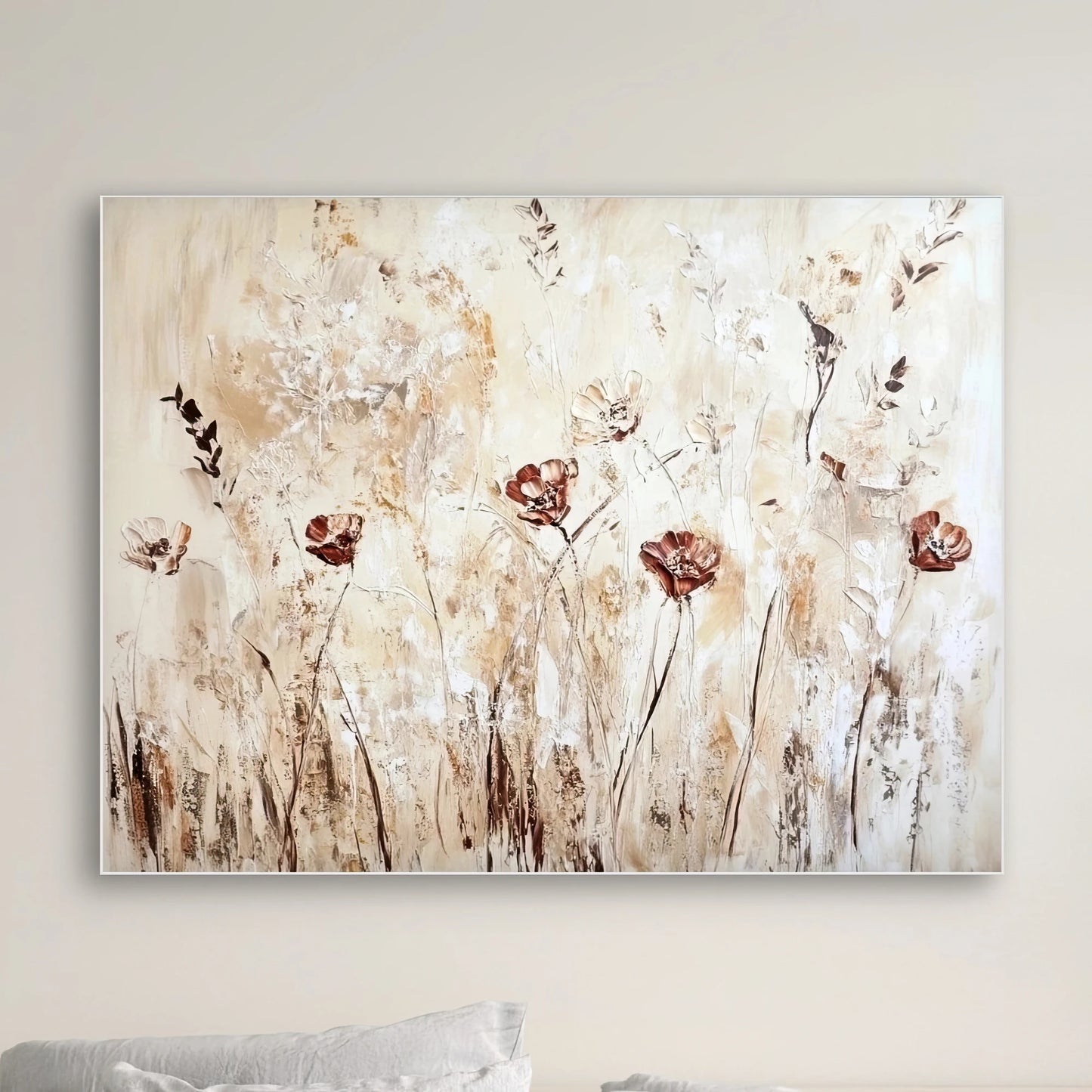 Detail van rode bloemen in los geschilderde stijl met aardetinten en lichte achtergrond
