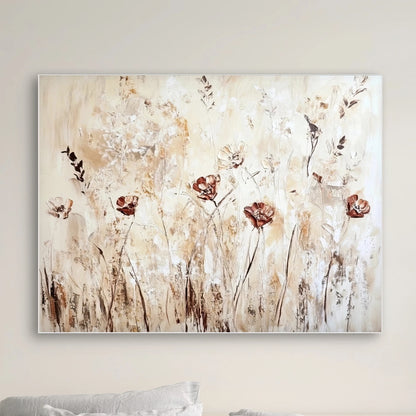 Detail van rode bloemen in los geschilderde stijl met aardetinten en lichte achtergrond
