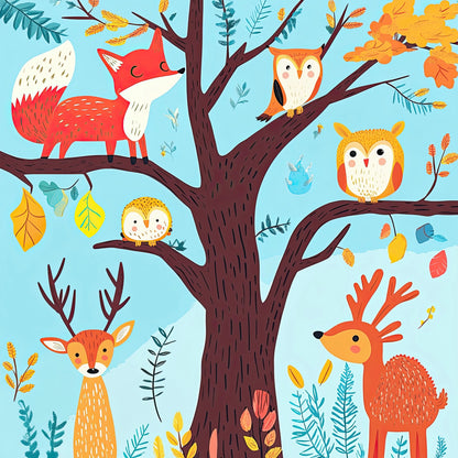 Volledige illustratie van een fantasierijke boom vol bosdieren zoals herten, uilen, een vos en een egel op een lichtblauwe achtergrond.
