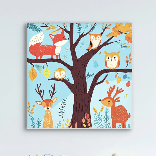 Detailweergave van een illustratie met herten, uilen, een vos en een egel in en rond een boom met oranje en gele bladeren.
