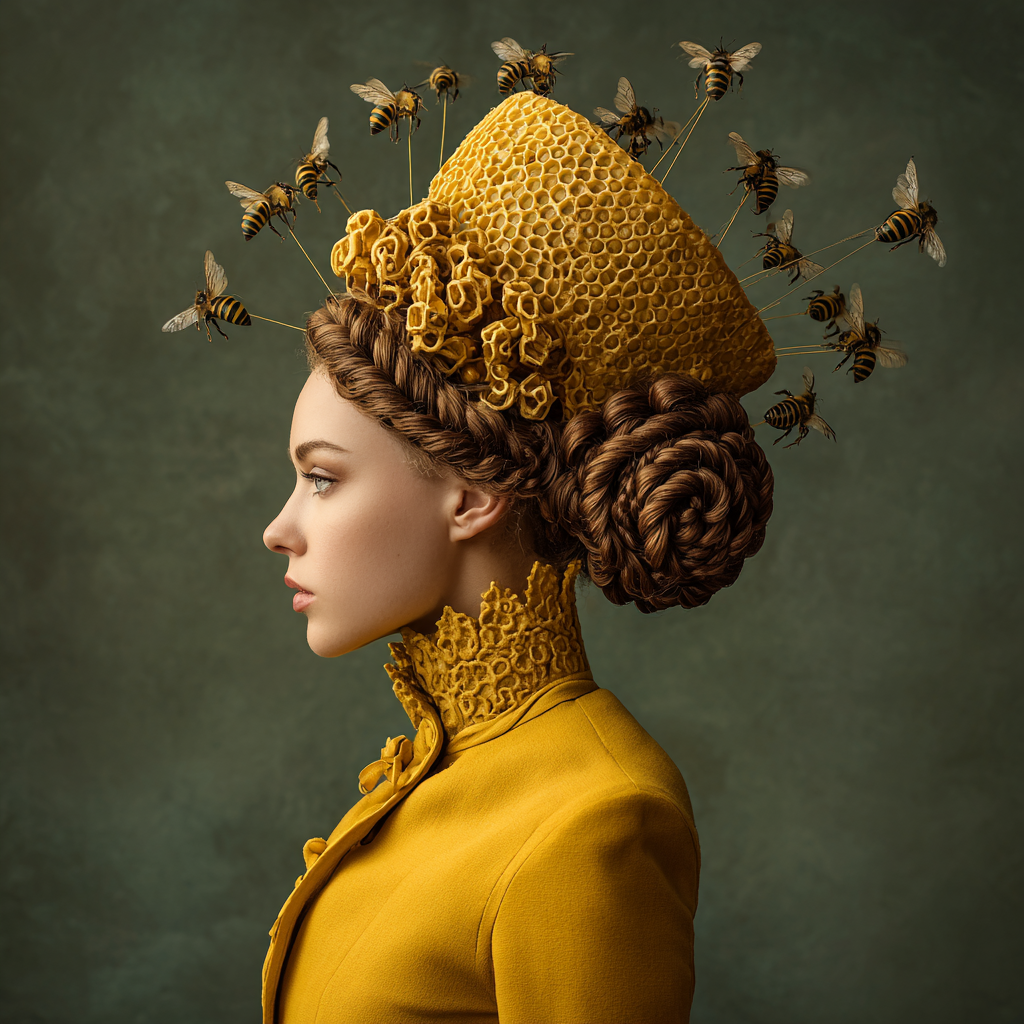 Volledige weergave van Honeymind met vrouw in geel profiel en bijen om haar heen
