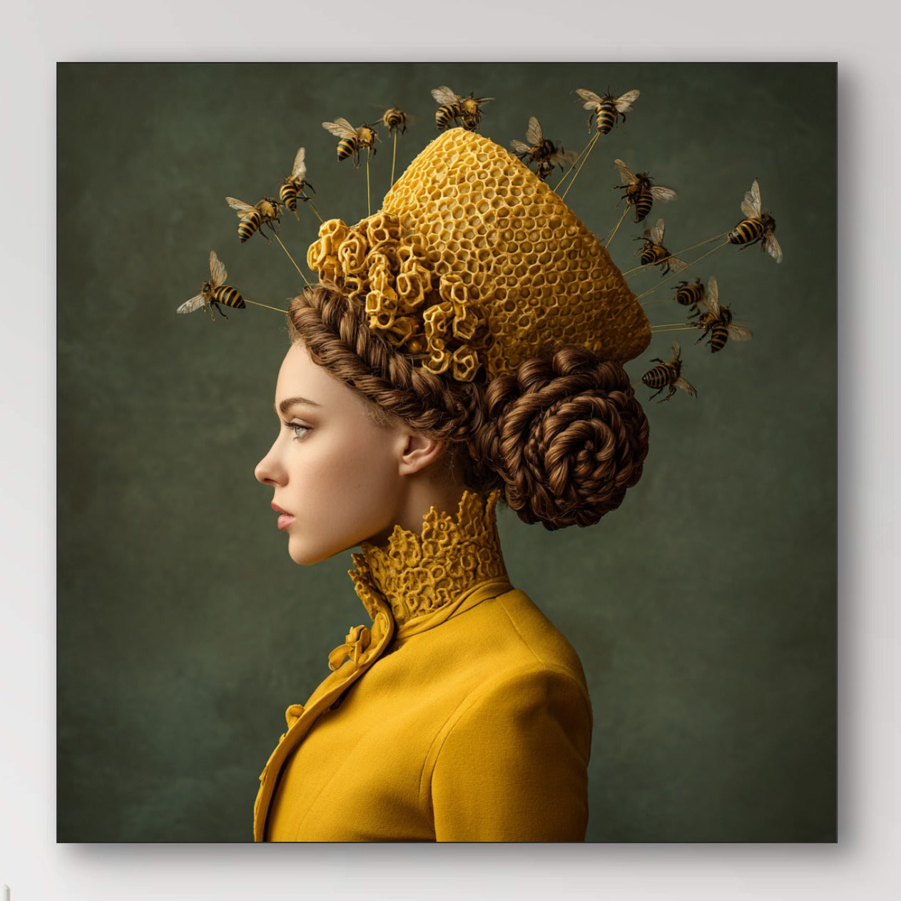 Detail van Honeymind met vrouw in geel kostuum en bijen rond haar hoofd

