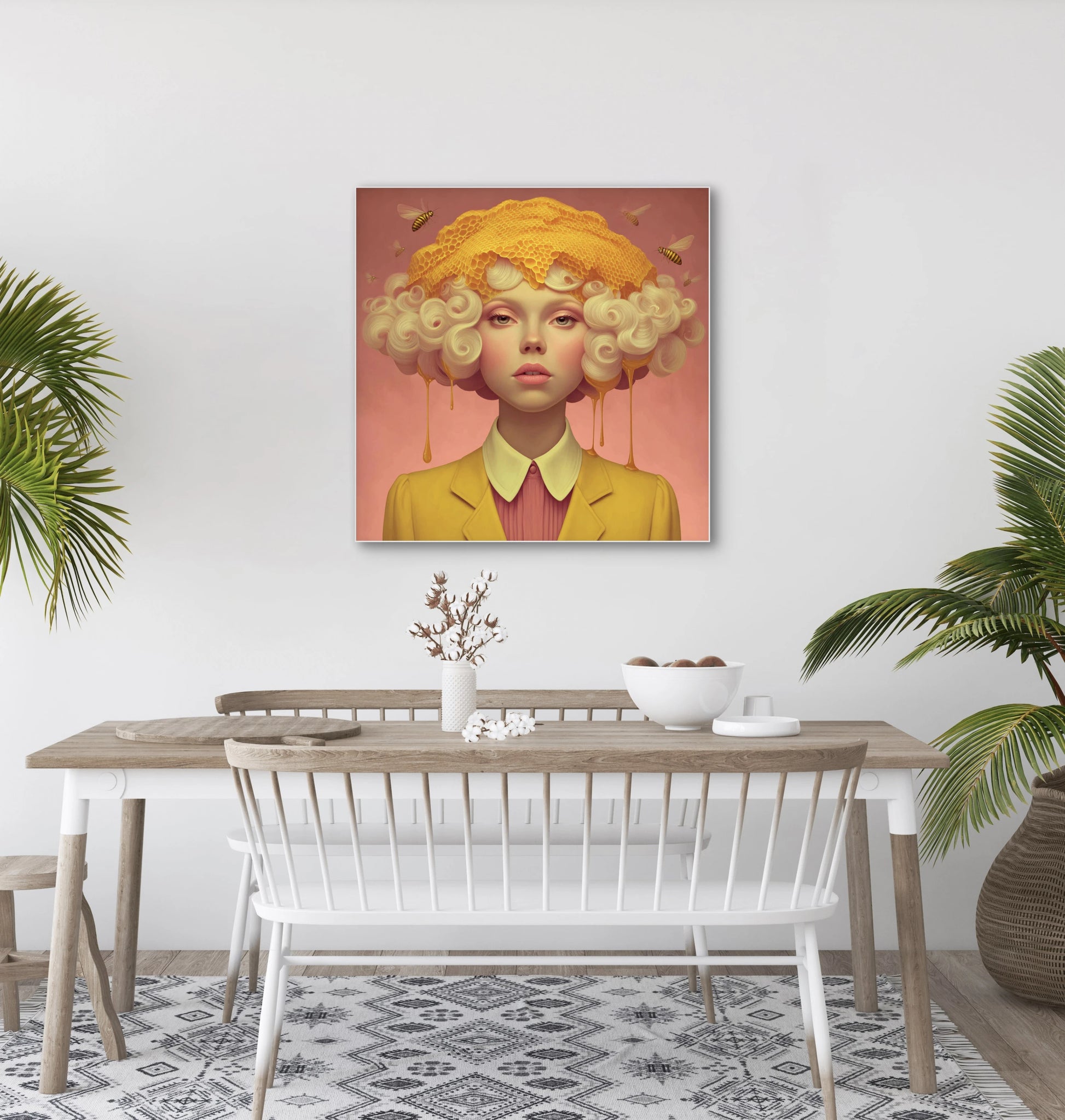 Honingziel wandkunst in licht interieur met warme tinten en natuurlijke sfeer
