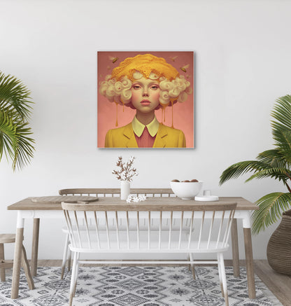 Honingziel wandkunst in licht interieur met warme tinten en natuurlijke sfeer
