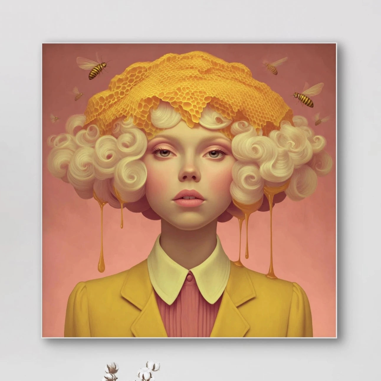 Detail van Honingziel wandkunst met gouden tonen en subtiele lichtreflecties
