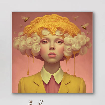 Detail van Honingziel wandkunst met gouden tonen en subtiele lichtreflecties
