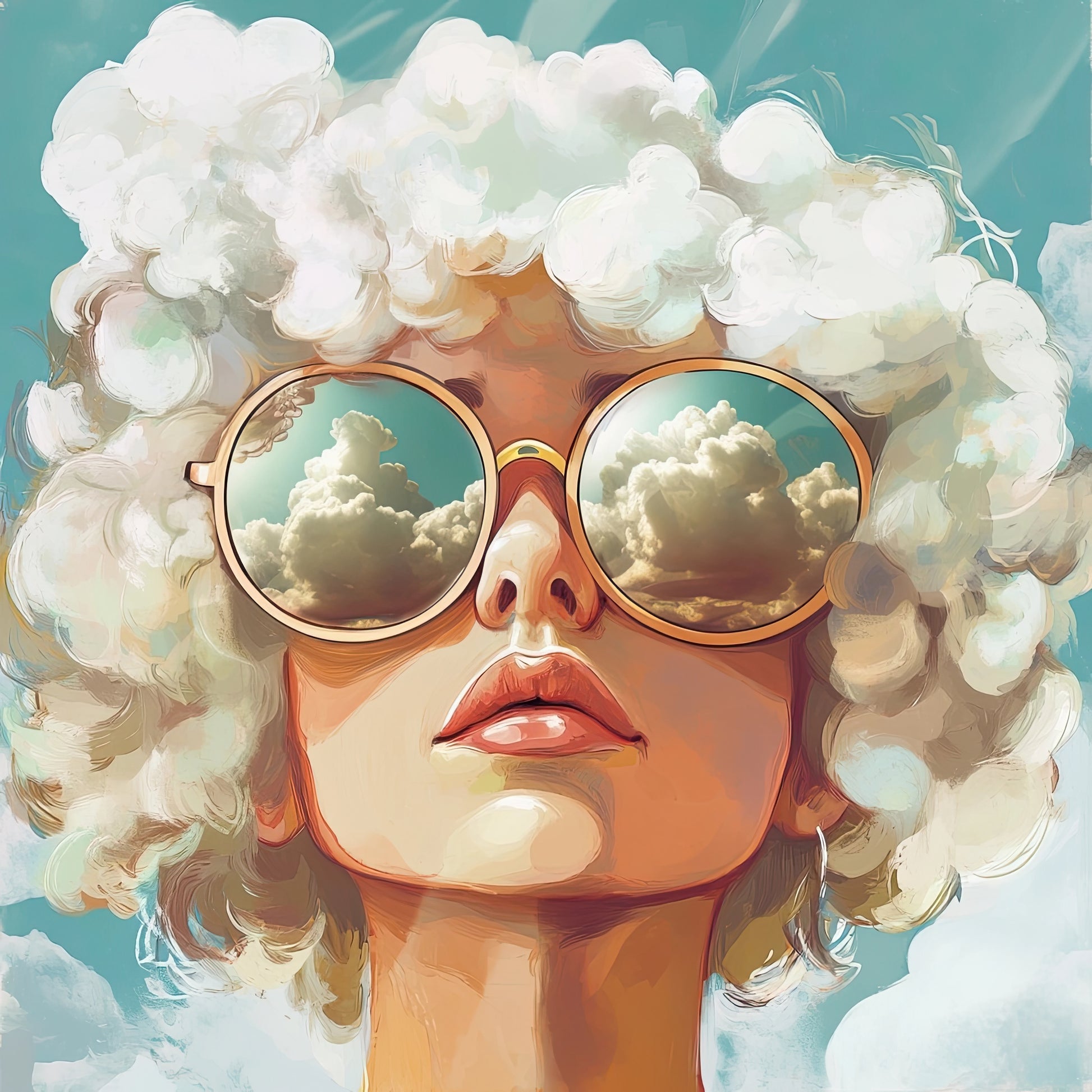 Volledige weergave van Hoofd in de Wolken, een surrealistisch portret met luchtige uitstraling  
