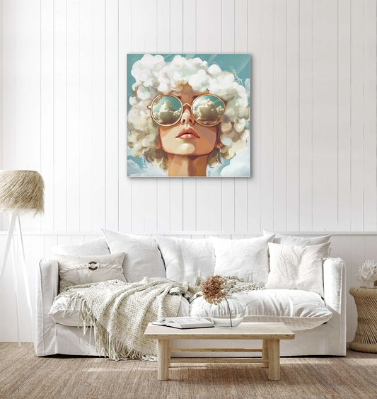 Textielkunstwerk Hoofd in de Wolken boven een witte bank in een rustieke, lichte ruimte  
