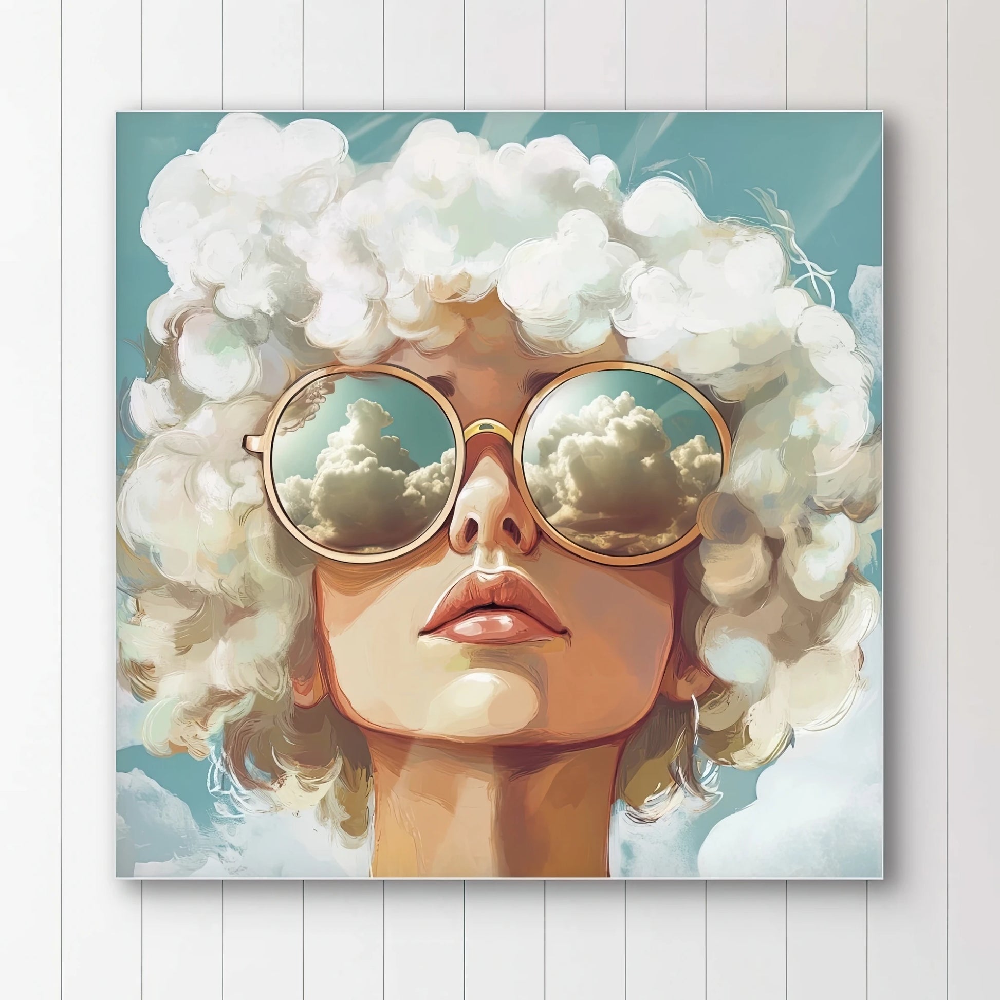 Detail van het gezicht in Hoofd in de Wolken met reflecterende zonnebril en wolkenhaar  
