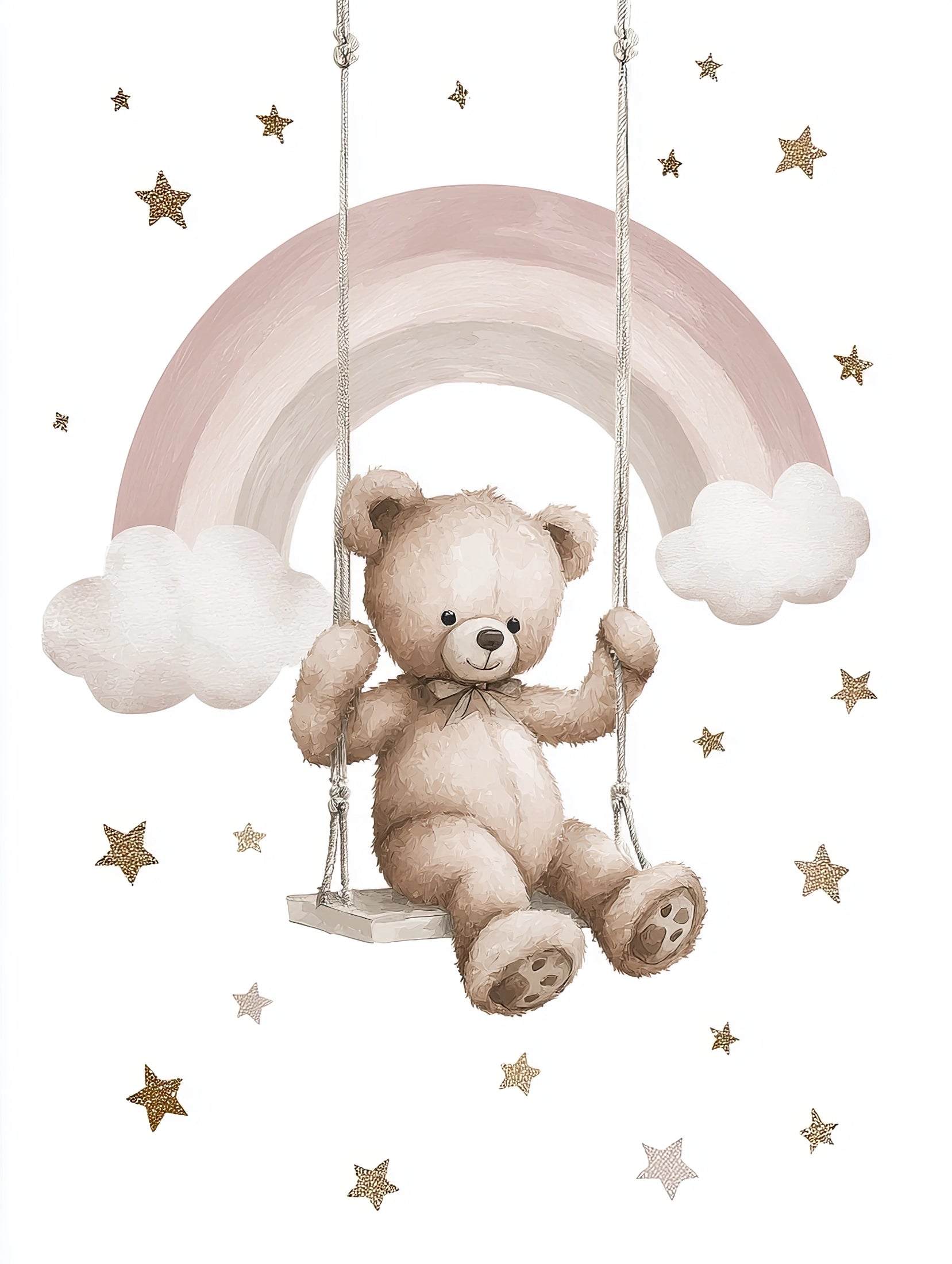 Volledige illustratie van een schattige beer op een schommel, zwevend tussen wolken, regenboog en sterren in zachte kleuren.
