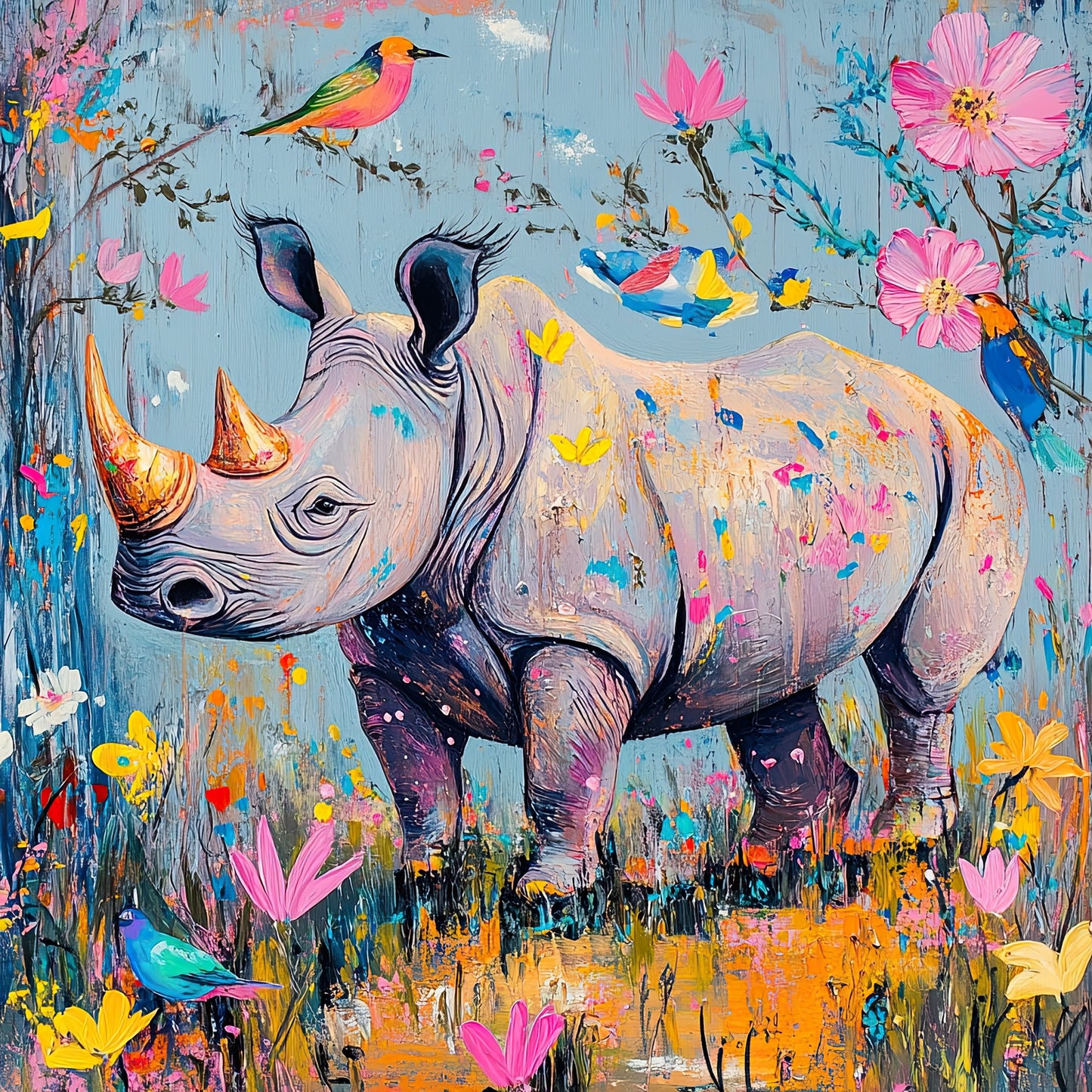 Kunstwerk van neushoorn tussen bloemen en kolibries in roze, geel en blauw op lichtblauwe achtergrond
